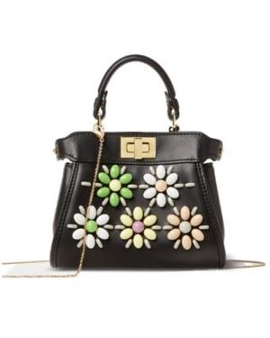 Fendi Nano Peekaboo Beaded-Flowers Tote Bag - Black
