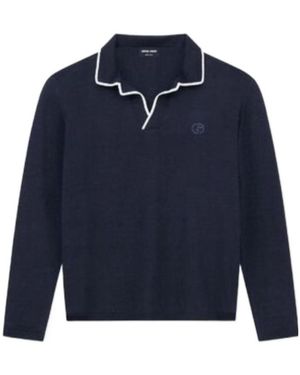 Giorgio Armani Logo Embroidered Knitted Polo Shirt - Blue