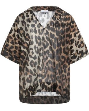 Ganni Leopard-Print Short-Sleeve Shirt - Grey