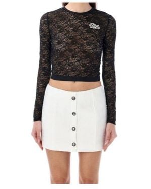 Alessandra Rich Long-Sleeved Crewneck Laced T-Shirt - Black