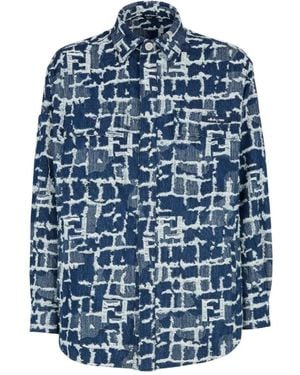 Fendi Logo Detailed Distressed Denim Jacket - Blue