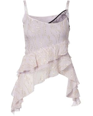 JACQUES WEI Printed Ruffled Asymmetric Silk-Blend Top - Pink