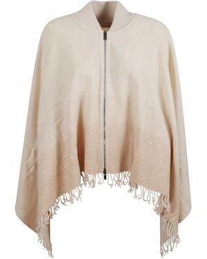 Peserico Sequined Fringed Poncho - Natural