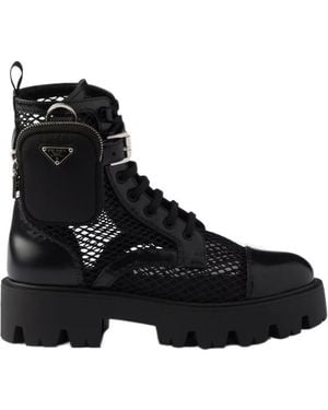 Prada Mesh Fabric And Brushed Leather Booties With Pouch - Black