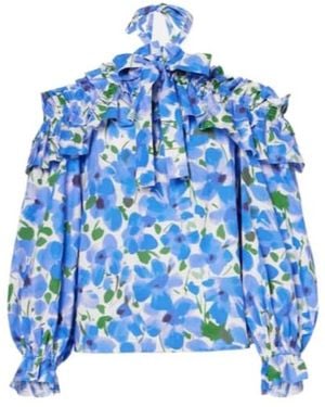 Carolina Herrera Floral Off-Shoulder Cotton-Blend Top - Blue