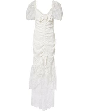 Alessandra Rich Bow-Detail Ruched Lace Gown - White