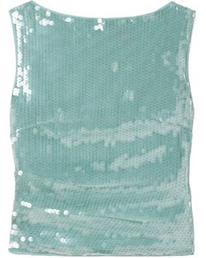 STAUD Ruched Sequined Tulle Top - Green