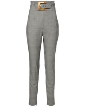 Balmain Prince Of Wales Wool-Blend Slim Trousers - Grey