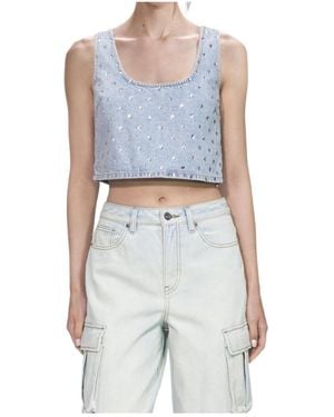 Self-Portrait Rhinestone-Embellished Denim Top - Blue