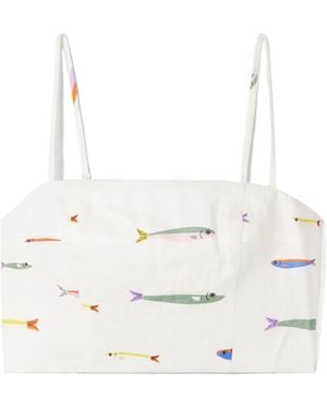 STAUD Federico Cropped Printed Linen Top - White