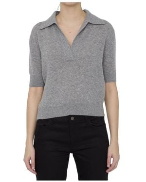 KHAITE Jo Short-Sleeved Plunging V-Neck Polo Top - Grey