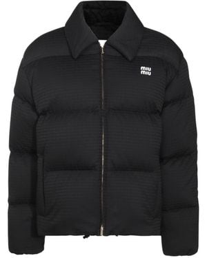【Miu Miu】Collared Zip-Up Puffer Jacket Miu Miu Collared Zip-Up Puffer Jacket in Gray | Lyst