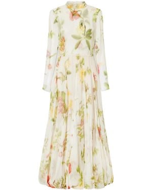 Oscar de la Renta Dominican Floral-Print Silk-Chiffon Gown - Metallic