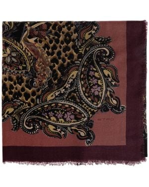 Etro Wool, Cashmere And Silk Shawl With Animal And Paisley Motif - Purple