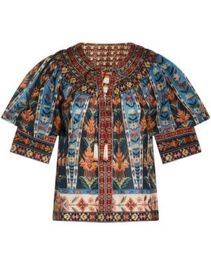 FARM Rio Dress Embroidered Tapestry With Short Sleeves And Embroidery - Blue