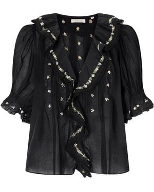 Doen Hettie Floral-Embroidered Ruffled Blouse - Black