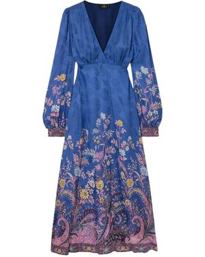 Etro Printed V-Neck Pleated Dress - Blue