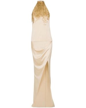 Balmain Silk Halterneck Dress With Sand Effect Embroidery - White