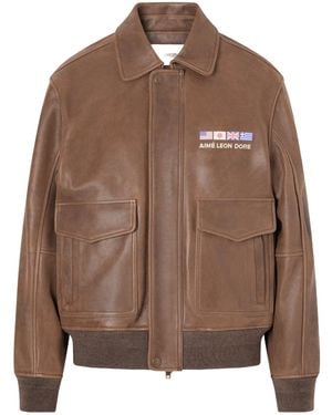 Aimé Leon Dore Worlds Borough Printed Leather Jacket - Brown