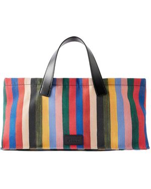 STAUD Leather-Trimmed Striped Canvas Tote - Red