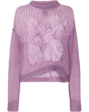 The Attico Feather-Trimmed Crochet-Knit Mohair-Blend Jumper - Purple