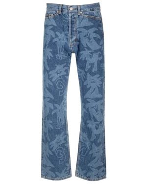 Palm Angels Allover Logo Printed Straight-Leg Jeans - Blue