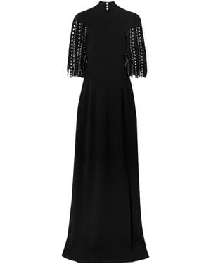 Lanvin Fringed Cape-Effect Studded Knitted Turtleneck Gown - Black