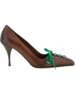 Prada Lace-Up Kitten Heeled Pumps - Brown