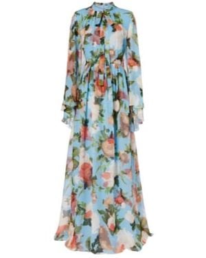 Erdem Caped Floral Silk Voile Gown - Blue