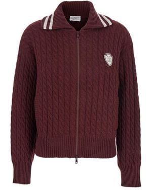 Brunello Cucinelli Cardigan With Bicolour Collar And Logo Patch On The Front - Red