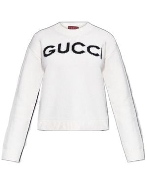 Gucci Logo Intarsia-Knit Crewneck Sweater - White
