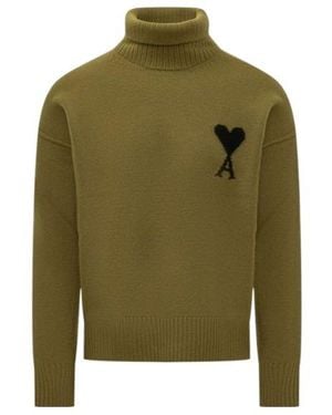 Ami Paris Ami De Coeur Funnel Knitted Jumper - Green
