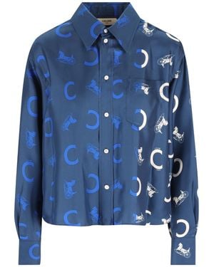 Celine Cropped Silk Shirt With Iconic Print - Blue