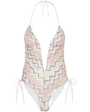 Missoni Striped Crochet-Knit Halterneck Swimsuit - White