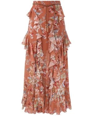 Zimmermann Awaken Ruffle Floral Printed Skirt - Red