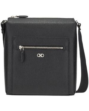 Ferragamo Gancini Logo Plaque Zipped Messenger Bag - Black