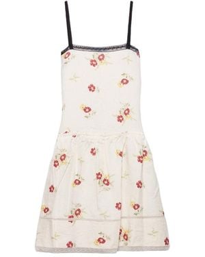 Prada Embroidered Linen Mini-Dress With Floral Motif - Natural