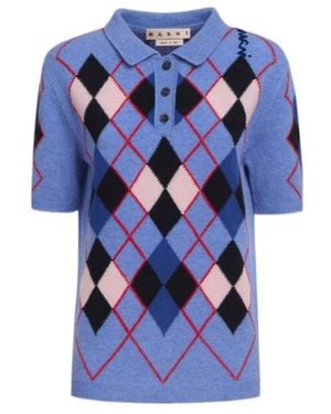Marni Argyle Knit Polo Shirt - Blue