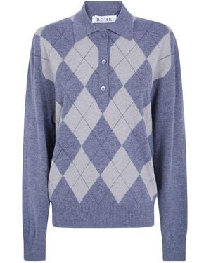 Rohe Ballantyne Argyle Ribbed Polo Top - Blue