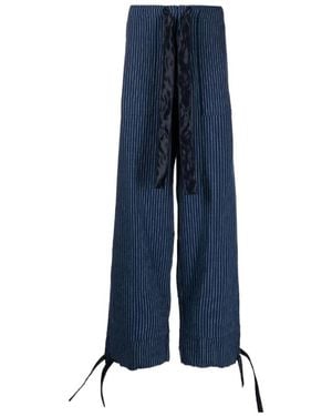 Greg Lauren Striped Drawstring Straight Pants - Blue