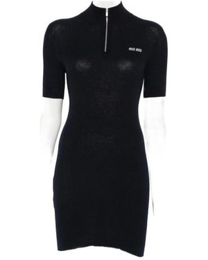 Miu Miu Ribbed-Knit Logo-Embroidered Mini Dress - Black