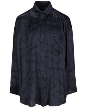 Balenciaga Allover Logo Long-Sleeved Shirt - Blue