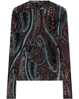 Etro Printed Velvet-Trimmed Mesh Blouse - Black