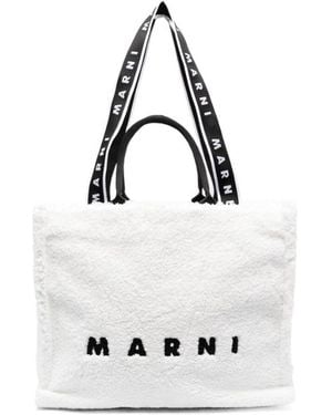 Marni Fleece-Texture Debossed-Logo Tote Bag - White