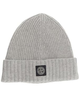 Stone Island Compass-Patch Ribbed-Knit Beanie - Gray
