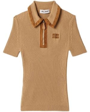 Miu Miu Short-Sleeved Ribbed Polo Shirt - Brown