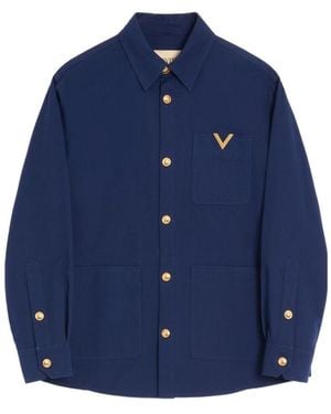 Valentino Logo Plaque Button-Up Shirt Jacket - Blue