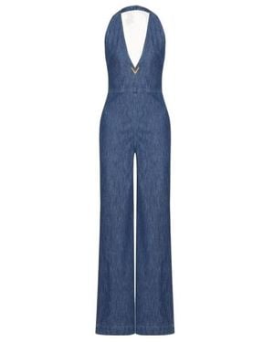 Valentino Logo Plaque Chambray Sleeveless Jumpsuit - Blue