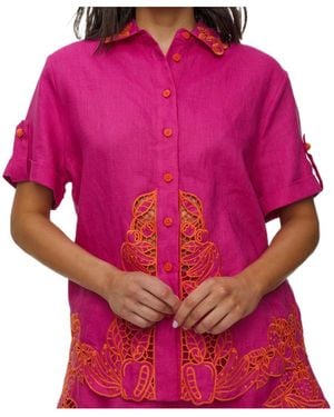 FARM Rio Guipure-Lace-Trim Short-Sleeve Shirt - Pink