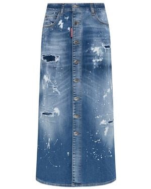DSquared² Distressed Denim Midi Skirt - Blue